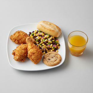 Fried Chicken, Corn and Bean Salad, Cookie, Orange Juice Fried Chicken, Corn and Bean Salad, Cookie, Orange Juice
