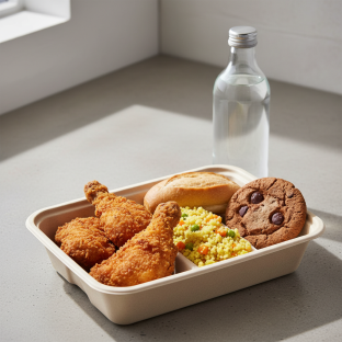 Fried Chicken, Curried Vegetable Couscous, Cookie, Water Fried Chicken, Curried Vegetable Couscous, Cookie, Water