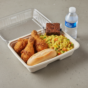 Fried Chicken, Curried Vegetable Couscous, Eli's Brownie, Water Fried Chicken, Curried Vegetable Couscous, Eli's Brownie, Water