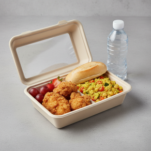 Fried Chicken, Curried Vegetable Couscous, Fruit, Water Fried Chicken, Curried Vegetable Couscous, Fruit, Water