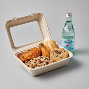 Fried Chicken, Wild Rice with Pecans, Cookie, Sparkling Water Fried Chicken, Wild Rice with Pecans, Cookie, Sparkling Water