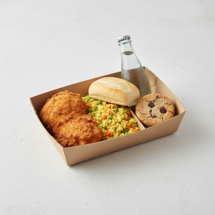 Fried Chicken, Curried Vegetable Couscous, Cookie, Sparkling Water Fried Chicken, Curried Vegetable Couscous, Cookie, Sparkling Water