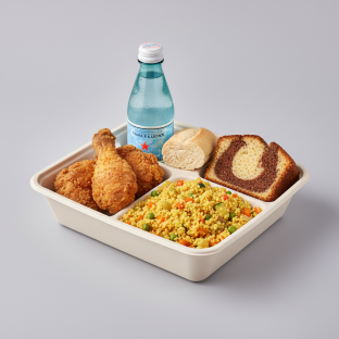 Fried Chicken, Curried Vegetable Couscous, Poundcake, Sparkling Water Fried Chicken, Curried Vegetable Couscous, Poundcake, Sparkling Water