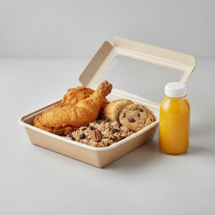 Fried Chicken, Wild Rice with Pecans and Currants, Cookie, Orange Juice Fried Chicken, Wild Rice with Pecans and Currants, Cookie, Orange Juice