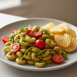 Pesto and Tomato Pasta Salad with House Chips Pesto and Tomato Pasta Salad with House Chips