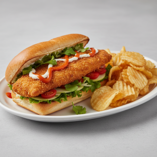 Crispy Whole Fish Filet Po' Boy with House Chips Crispy Whole Fish Filet Po' Boy with House Chips
