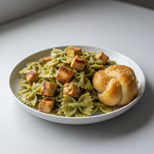 Bow Tie With Chicken Pesto and Garlic Knot