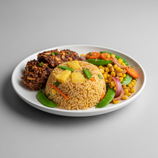 Vegan Lemongrass Impossible Meat, Pineapple Thai Fried Rice, Vegetable Stir Fry