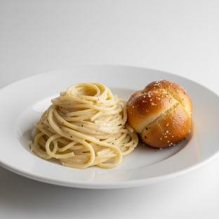 Spaghetti With Alfredo and Garlic Knot