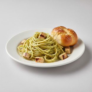 Spaghetti With Chicken Pesto and Garlic Knot