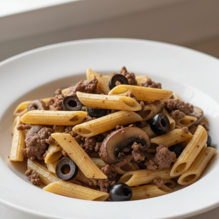Gluten Free Penne With Beef, Mushroom and Olives