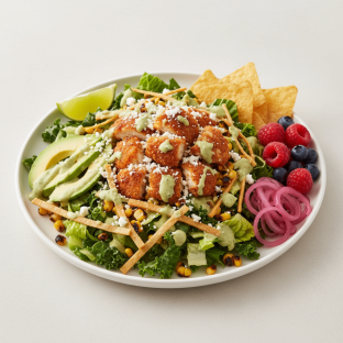 Crispy Chicken Poblano Salad with Chips and Fruit