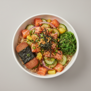 Yuzu Ponzu Salmon Bowl Combo (Regular) — Brown Rice / Garlic Spam Musubi
