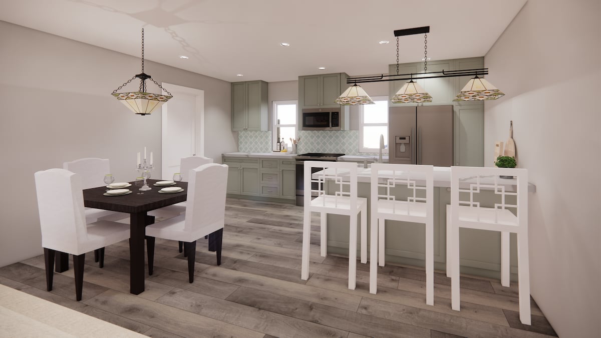 rendering of a kitchen and dining area in an accessory dwelling unit