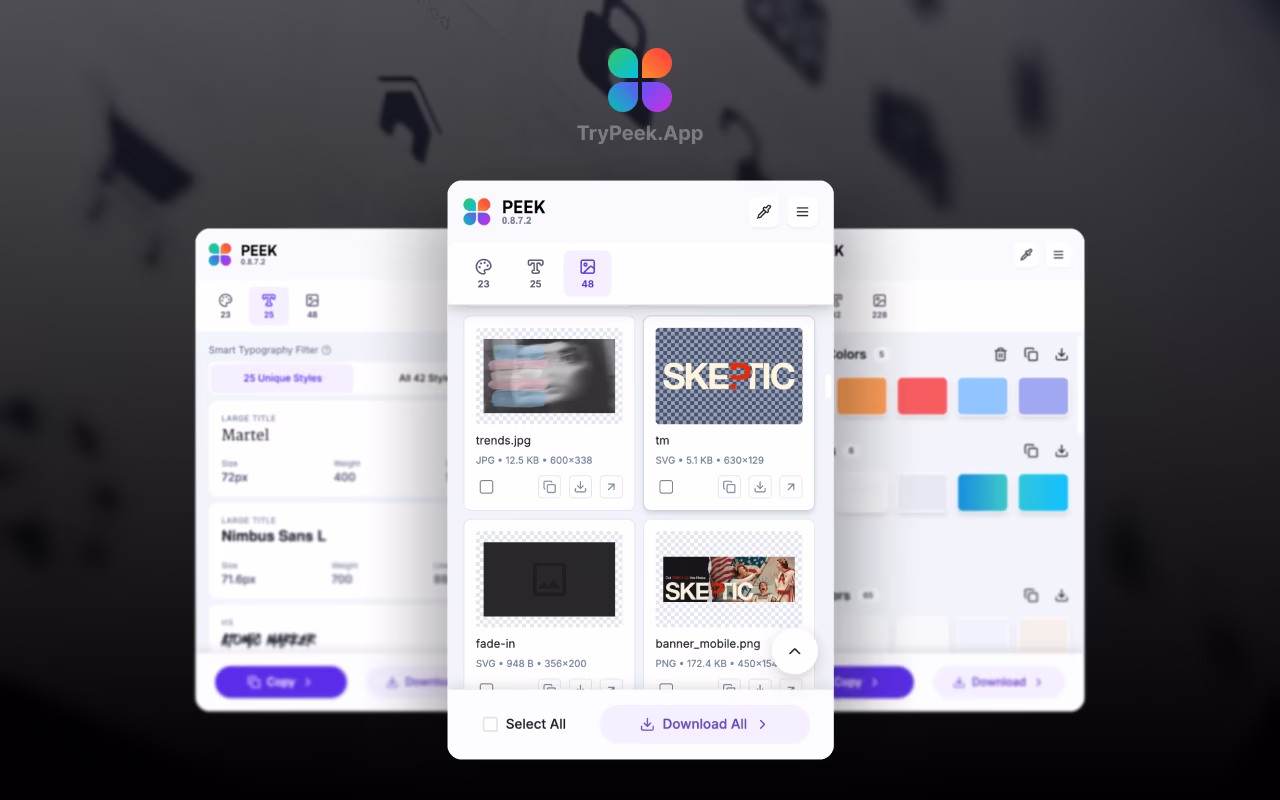 Peek Chrome extension Assets tab showing extracted website assets including images, logos, icons, and graphics in a clean grid layout with download options