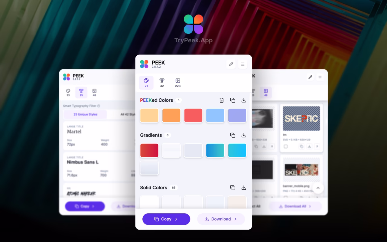 Peek Chrome extension Colors tab showing extracted color palette with solid colors, gradients, and color picker tool for website color extraction