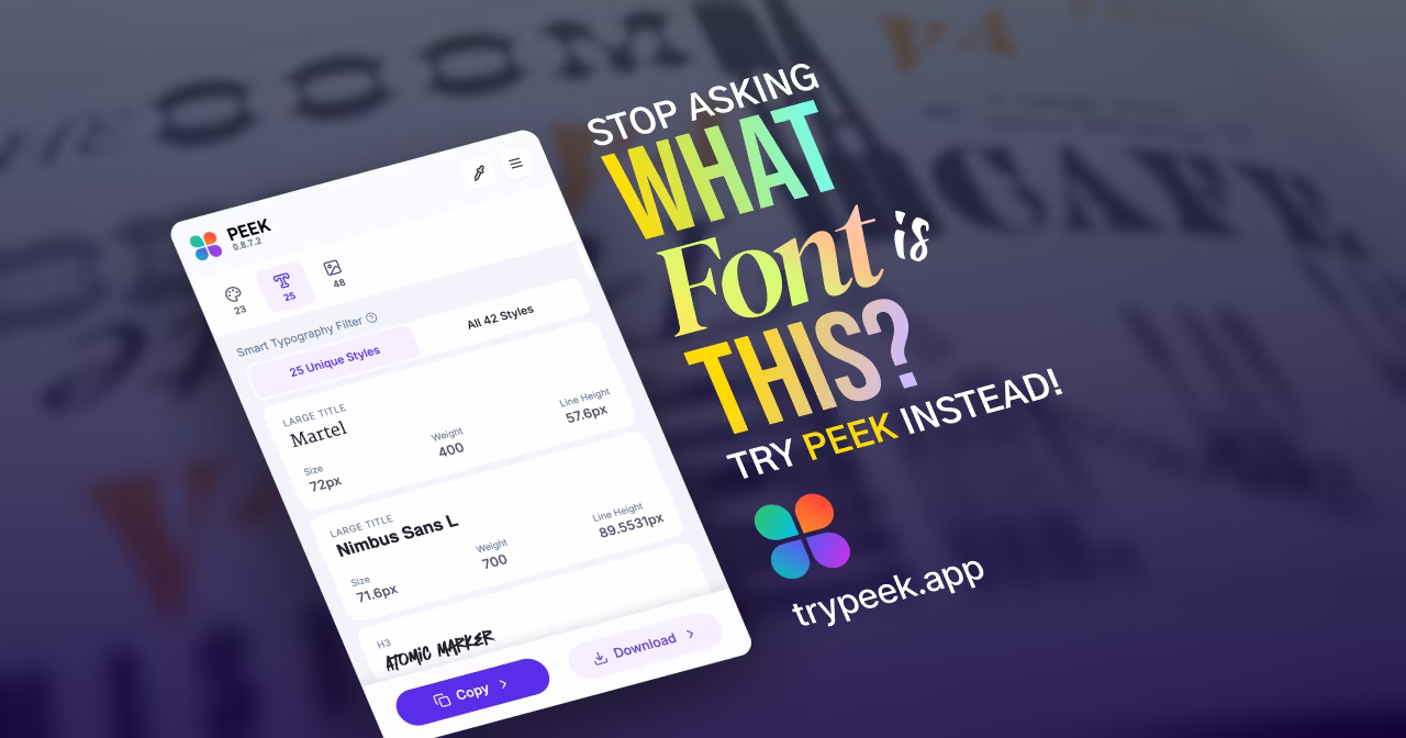 Peek Chrome extension Types tab showing typography extraction with font families, sizes, weights, and language-aware font previews