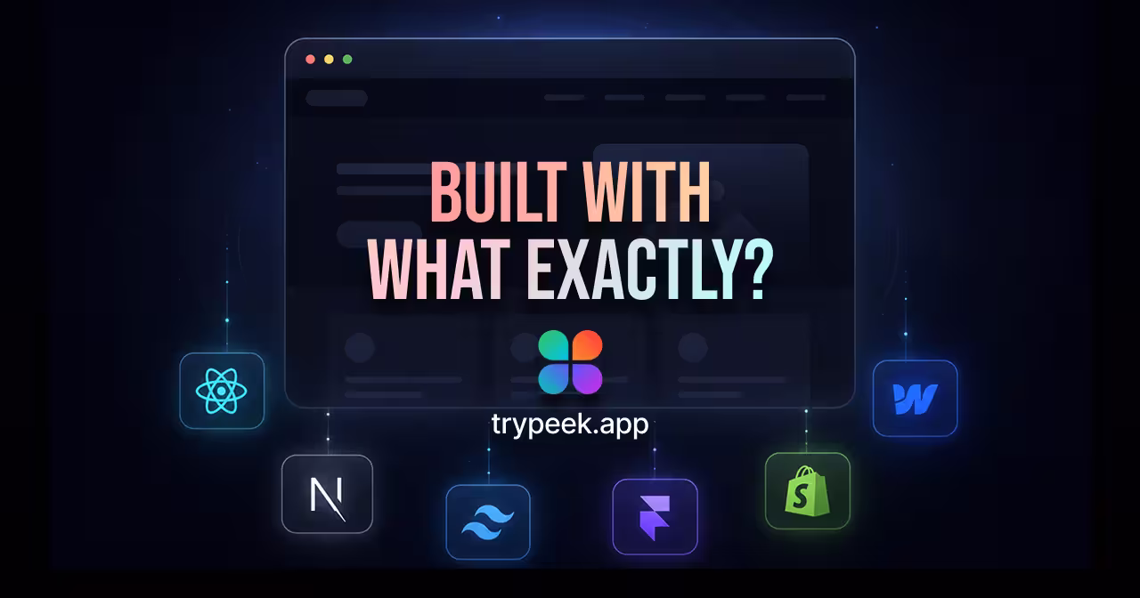 Peek Chrome extension Overview tab showing Tech Stack Detection with icons for React, Next.js, Tailwind CSS, and other frameworks detected on a website