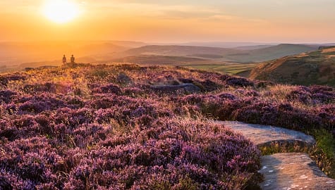 Couple watching a stunning sunset from Higger Tor in Peak District across to Hope Vally with heather in full bloom