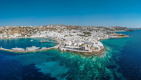Aerial view of Mykonos, Greece.