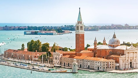 Aerial view of San Giorgio Maggiore island in Venice, Italy.