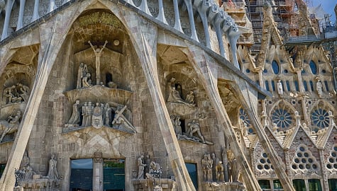 Detailed panoramic view on the bottom part of Sagrada Familia in Barcelona, Spain.