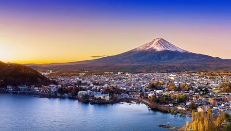 Japan Mount Fuji over Lake Kawaguchiko and town