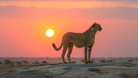 Cheetah on the savanna in Kenya at sunset