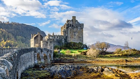 Eilean Donan castle on a sunny autumn day in Scotland.