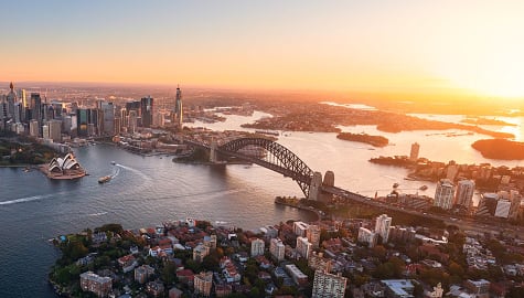Aerial view of Sydney Harbor with the Opera House and Bridge in Australia