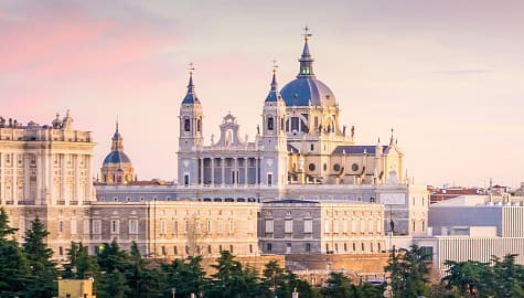 The Madrid skyline with Catedral de la Almudena in Spain.
