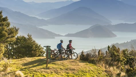 Couple biking in the Marlborough Sounds, New Zealand
