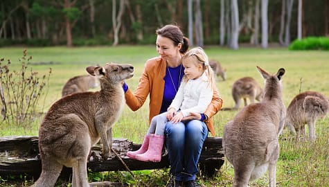 Mother and young daughter feeding kangaroo in Australia