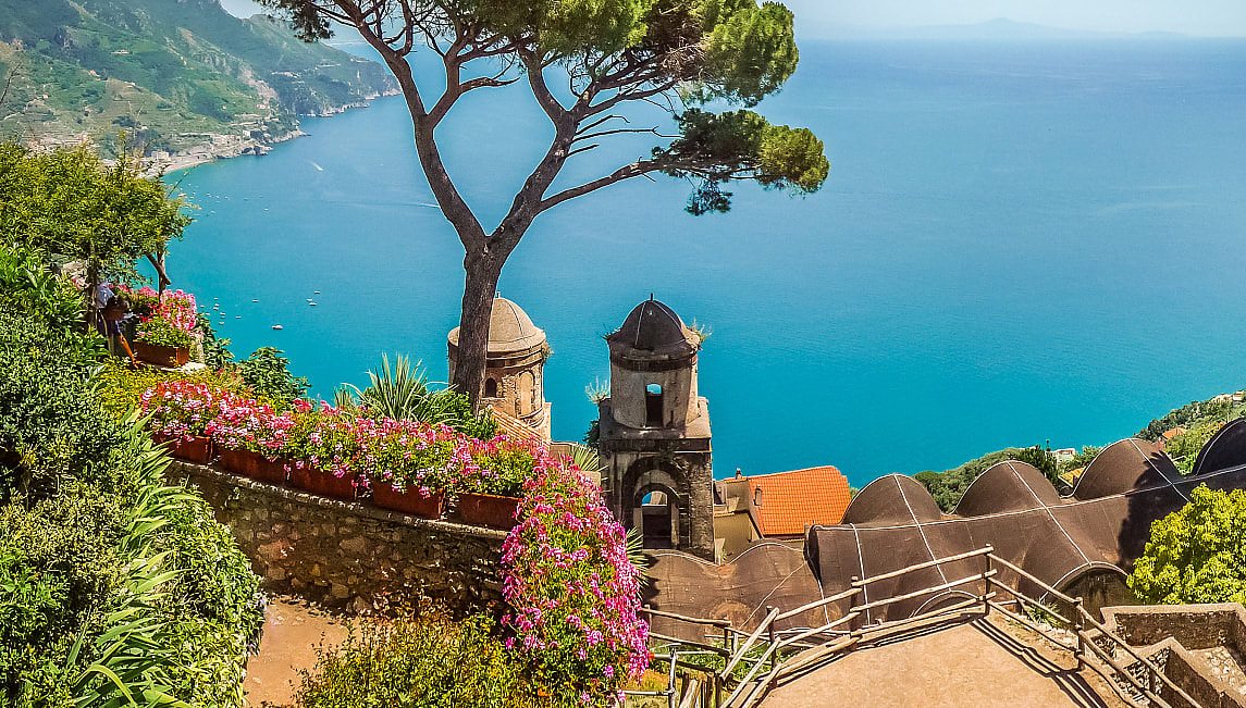 Villa Rufolo’s Gardens in Ravello with view of the Amalfi Coast, Italy