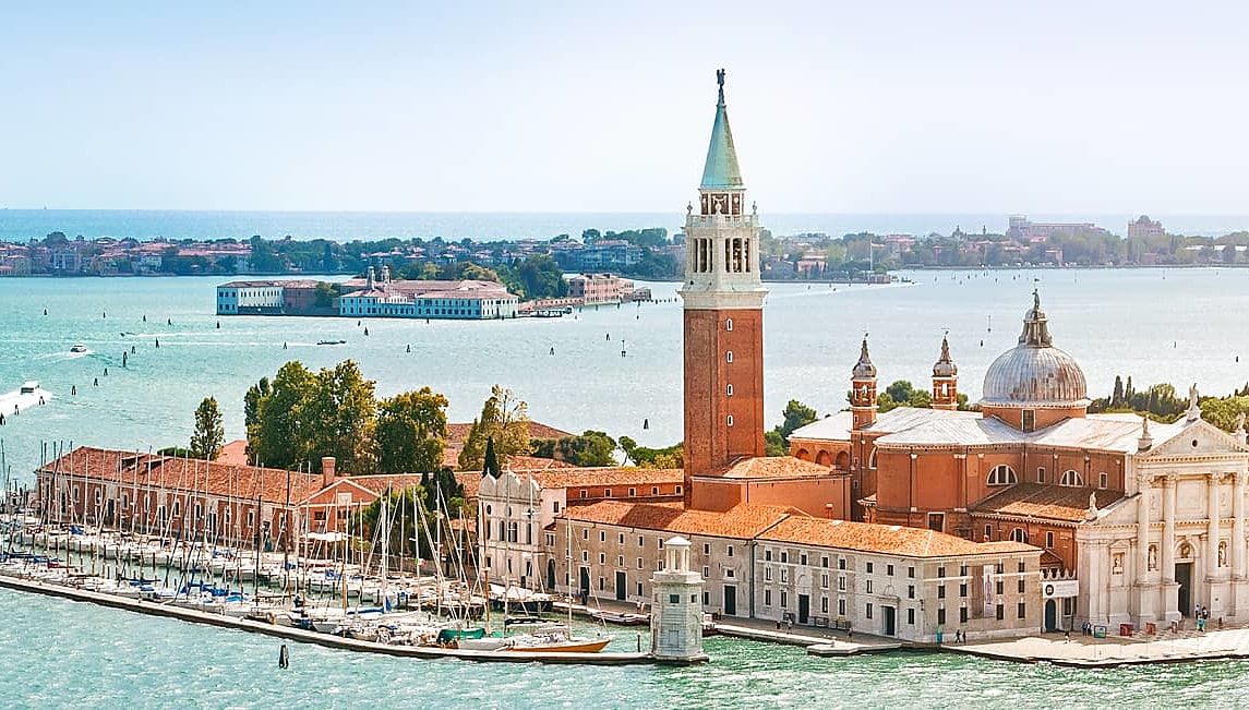 Aerial view of San Giorgio Maggiore island in Venice, Italy.