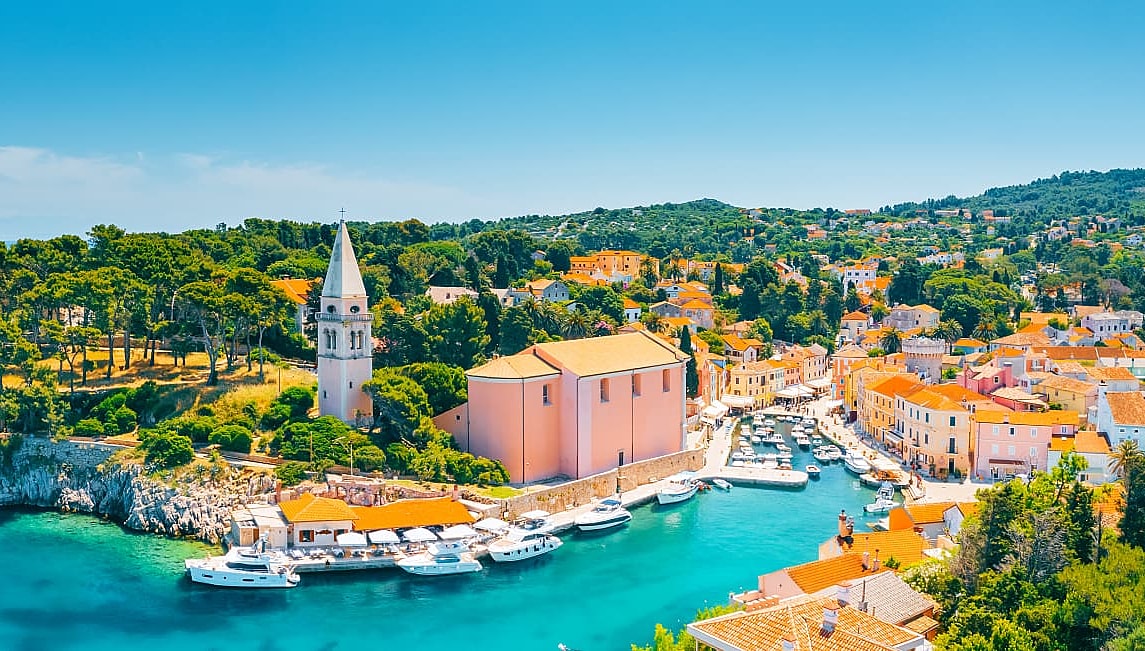 The blue lagoon village Veli Losinj on sunny day in Croatia.