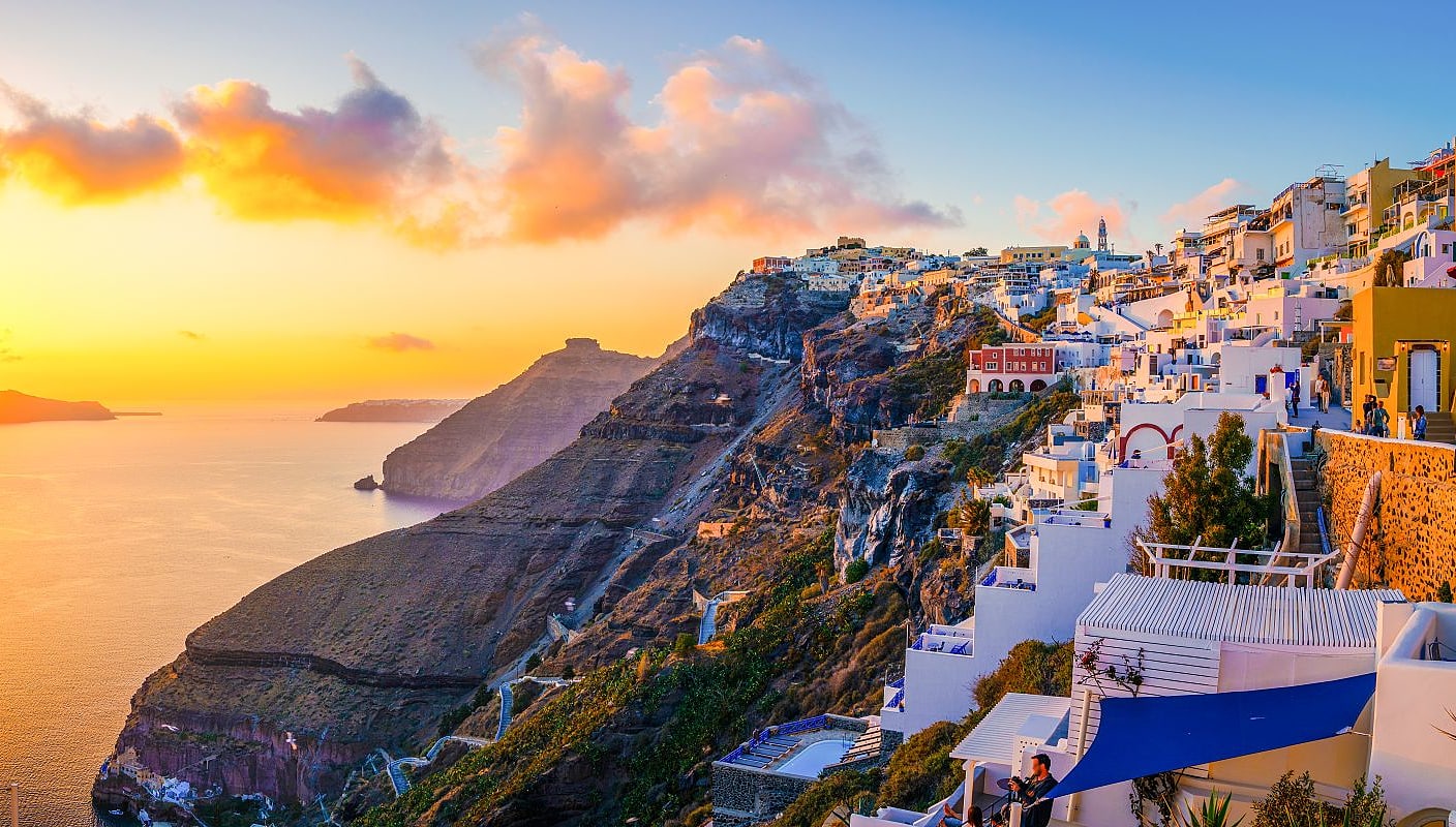 Sunset over Fira on Santorini, Greece