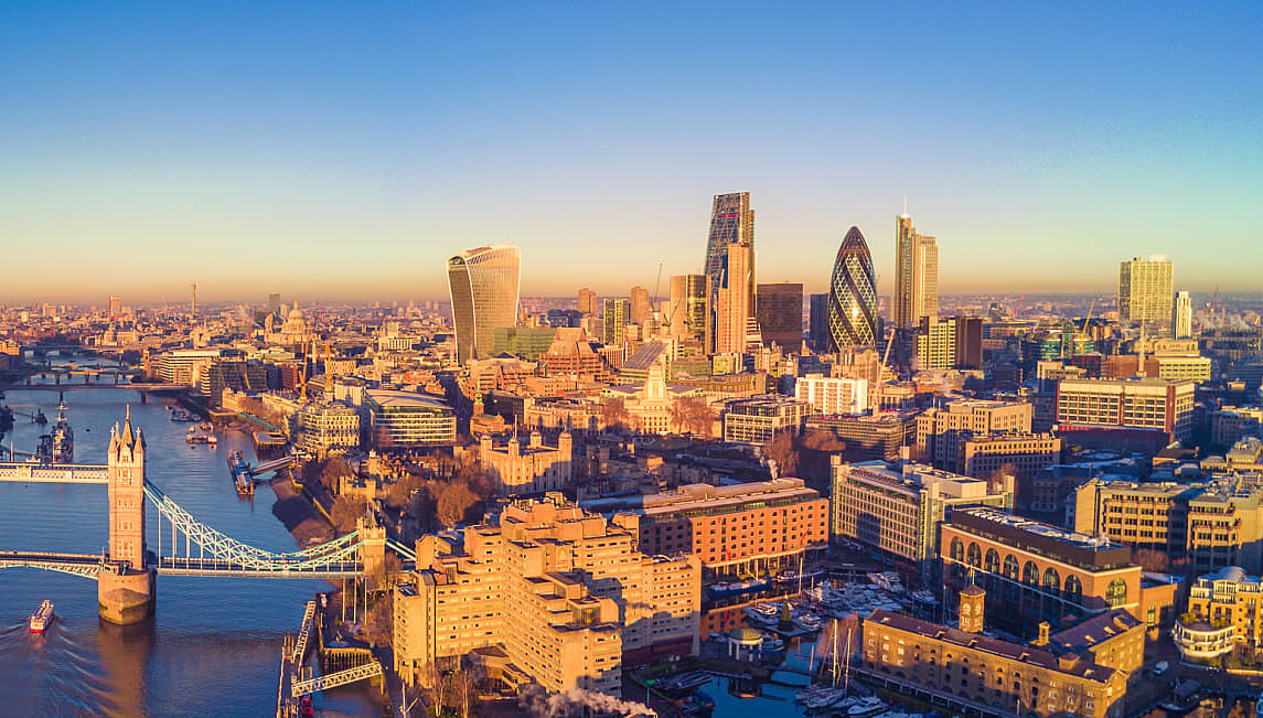 Aerial view of London with the Tower Bridge in England.