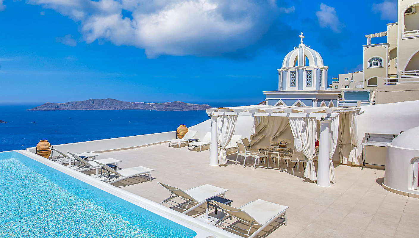 Infinity pool at luxury resort in Santorini, Greece