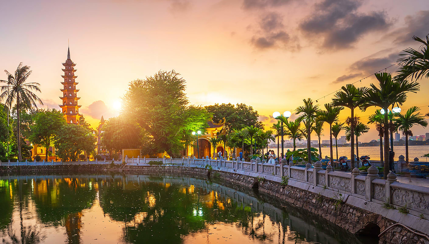 Tran Quoc pagoda and sunset sky in Hanoi, Vietnam