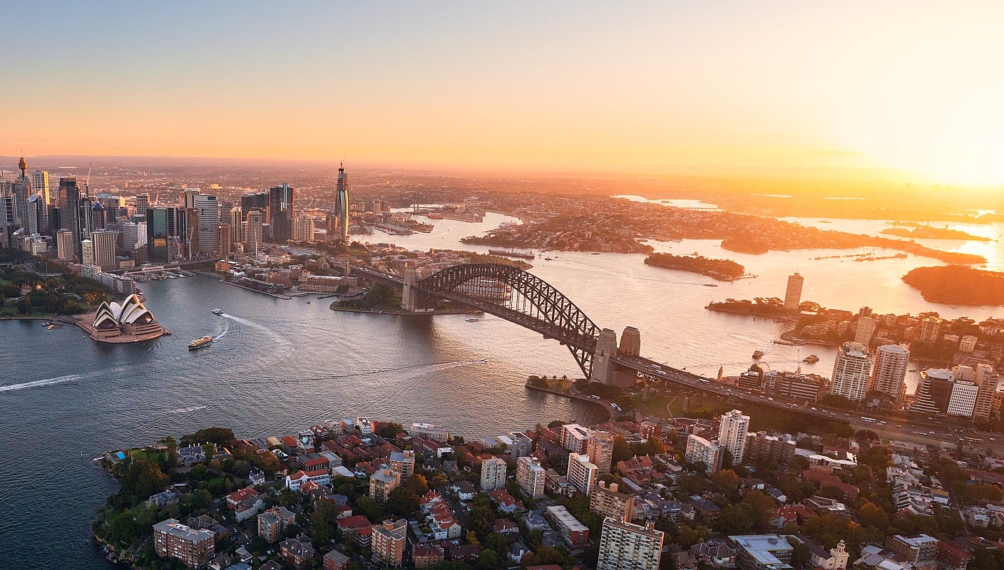 Aerial view of Sydney Harbor with the Opera House and Bridge in Australia