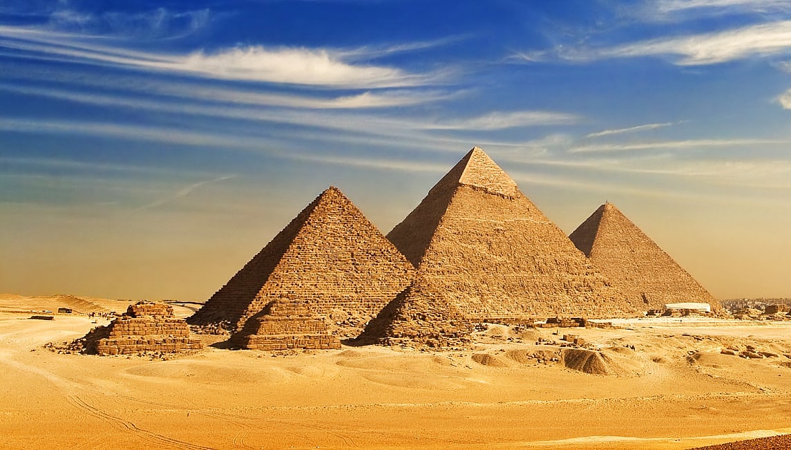 Distant view of the Great Pyramids of Giza in Egypt
