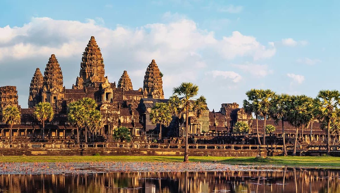 Angkor Wat temple at sunset in Siem Reap, Cambodia.