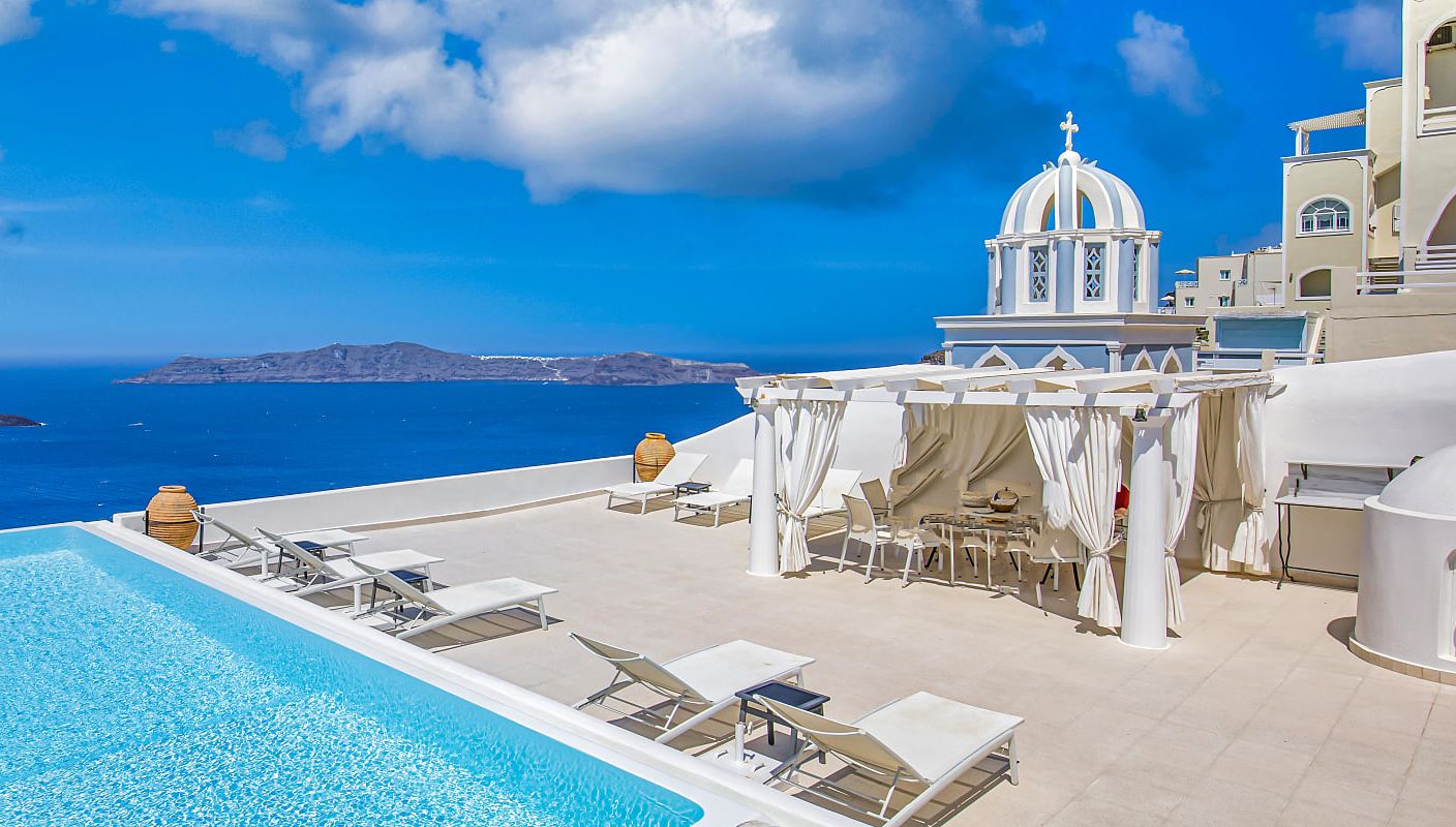 Infinity pool at luxury resort in Santorini, Greece