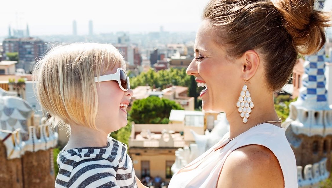 Mother and daughter at Park Guell in Barcelona, Italy