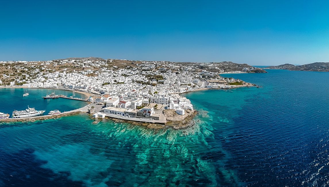 Aerial view of Mykonos, Greece.