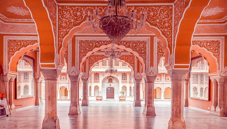 Interior arches of the Audience Hall at the City Palace in Jaipur, India