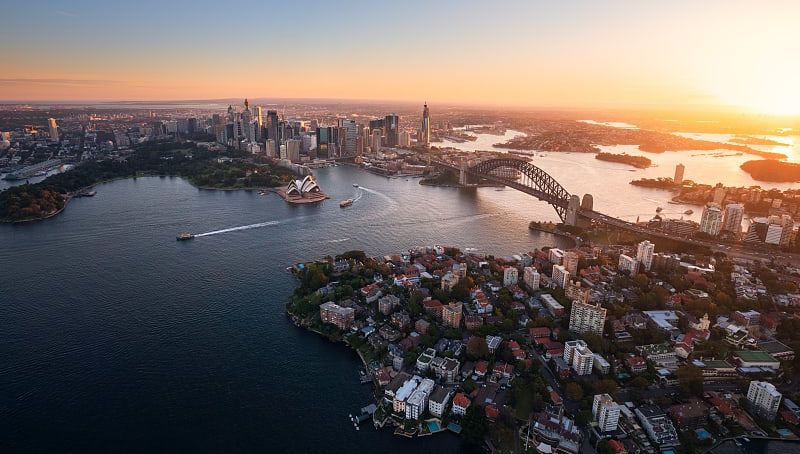 Aerial view of Sydney Harbor with the Opera House and Bridge in Australia