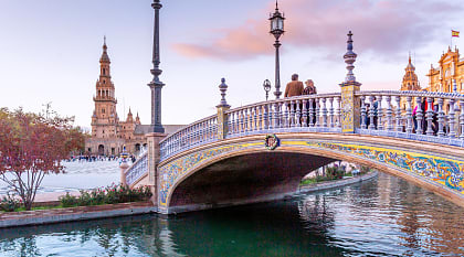 Couple at Plaza de Espana in Seville, Spain