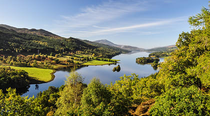 Beautiful summer view across Loch Tummel seen from Queen's View, located near Pitlochry, Perthshire, Scotland, UK.
